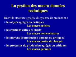 La gestion des macro données
techniques
Décrit la structure agrégée du système de production :
 les objets agrégés ou critiques
Les macro articles
 les relations entre ces objets
Les macro nomenclatures
 les moyens de production agrégés ou critiques
Les macro postes de charges
 les processus de production agrégés ou critiques
Les macro gammes
 