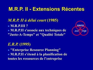 MRPII
TQC
JAT
M.R.P. II à délai court (1985)
 M.R.P.III ?
 M.R.P.II s'associe aux techniques de
"Juste-A-Temps" et "Qualité Totale"
E.R.P. (1995)
 "Enterprise Resource Planning"
 M.R.P.II s’étend à la planification de
toutes les ressources de l’entreprise
M.R.P. II - Extensions Récentes
 