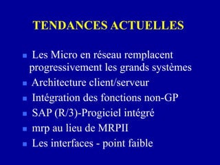 TENDANCES ACTUELLES
 Les Micro en réseau remplacent
progressivement les grands systèmes
 Architecture client/serveur
 Intégration des fonctions non-GP
 SAP (R/3)-Progiciel intégré
 mrp au lieu de MRPII
 Les interfaces - point faible
 