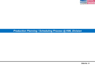 Slide No : 8
 To Automate Production Planning Work Flow
 To Enable On-line Review of Various Operational Performance
a)Inventory Performance
b)Manufacturing Performance
c)SAP DRM Performance
 To Automate Creation and Distribution of MIS reports
( Plan Vs Actuals / Scrap / Inventory / Ageing Status to entire Operation Team )
 To Improve WIP Accounting.
 To Establish Effective Co-Ordination among Functions
( Marketing / Production / Materials )
 To Improve MRP accuracy / results
Production Planning/Scheduling Module - Purpose
 