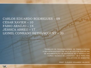 CARLOS EDUARDO RODRIGUES – 09
CÉSAR XAVIER – 10
FÁBIO ARAÚJO – 14
JÉSSICA ABREU – 17
LIONEL CONRADO BETHANCOURT – 20

TRABALHO DE PESQUISA SOBRE OS TEMAS CITADOS
A SER APRESENTADO EM SALA DE AULA NA DISCIPLINA
DE MOVIMENTAÇÃO DE MATERIAIS NO 2º MÓDULO DO
CURSO TÉCNICO DE LOGÍSTICA - IIB E PARA FINS
AVALIATIVOS DO BIMESTRE
PROF. CLÁUDIO EDUARDO VALENTE

 