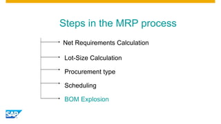 Steps in the MRP process
Net Requirements Calculation
Lot-Size Calculation
Procurement type
Scheduling
BOM Explosion