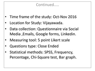 Continued…..
• Time frame of the study: Oct-Nov 2016
• Location for Study: Vijayawada.
• Data collection: Questionnaire via Social
Media ,Emails, Google forms, Linkedin.
• Measuring tool: 5 point Likert scale
• Questions type: Close Ended
• Statistical methods: SPSS, Frequency,
Percentage, Chi-Square test, Bar graph.
 