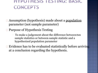 Assumption (hypothesis) made about a population
parameter (not sample parameter)
Purpose of Hypothesis Testing
To make a judgement about the difference betweentwo
sample statistics or between sample statistic and a
hypothesized population parameter
Evidence has to be evaluated statistically before arriving
at a conclusion regarding the hypothesis.
 