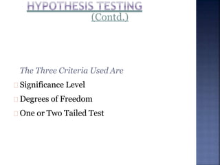 (Contd.)
The Three Criteria Used Are
Significance Level
Degrees of Freedom
One or Two Tailed Test
 