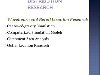 Warehouse and Retail Location Research
Center-of-gravity Simulation
Computerized Simulation Models
Catchment Area Analysis
Outlet Location Research
 