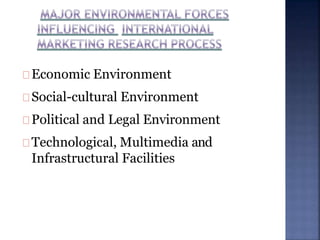 Economic Environment
Social-cultural Environment
Political and Legal Environment
Technological, Multimedia and
Infrastructural Facilities
 