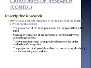 Descriptive Research
 Provides an accurate snapshot of some aspect of the market
environment, such as:
The proportion of the adult population that supports the United
Fund
Consumer evaluation of the attributes of our productversus
competing products.
The socioeconomic and demographic characteristics of the
readership of a magazine
The proportion of all possible outlets that are carrying, displaying,
or merchandising our products
 