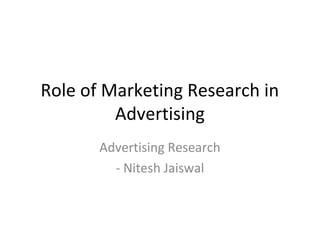 Role of Marketing Research in
Advertising
Advertising Research
- Nitesh Jaiswal
 