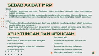 SEBAB AKIBAT MRP
8
SEBAB
1. Perubahan permintaan pelanggan: Perubahan dalam permintaan pelanggan dapat menyebabkan
masalah persediaan.
2. Ketidakmampuan memperkirakan persediaan dengan akurat: Jika perusahaan tidak memiliki sistem yang
efektif untuk memperkirakan persediaan dengan akurat, mereka dapat menghadapi masalah persediaan.
AKIBAT
1. Persediaan berlebihan atau kekurangan: Salah satu akibat dari masalah persediaan adalah persediaan
yang berlebihan atau kekurangan.
2. Biaya tinggi untuk penyimpanan dan pengangkutan persediaan: Masalah persediaan yang tidak efisien
dapat mengakibatkan biaya tinggi untuk penyimpanan dan pengangkutan persediaan.
KEUNTUNGAN DAN KERUGIAN
Kerugian MRP
•Membutuhkan investasi awal dalam perangkat
lunak dan pelatihan
•Ketergantungan pada akurasi data dan sistem
informasi yang andal
Keuntungan MRP
•Pengurangan persediaan berlebihan dan
kekurangan
•Pengurangan biaya persediaan dan
meningkatkan kepuasan pelanggan
•Meningkatkan efisiensi operasional
 