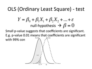 OLS	(Ordinary	Least	Square)	-	test	
null-hypothesis		à			
Small	p-value	suggests	that	coeﬃcients	are	signiﬁcant.	
E.g.	p-value	0.01	means	that	coeﬃcients	are	signiﬁcant	
with	99%	conﬁdence	interval.	
	
	
Y = β0 + β1X1 + β2 X2 +...+ε
β = 0
 