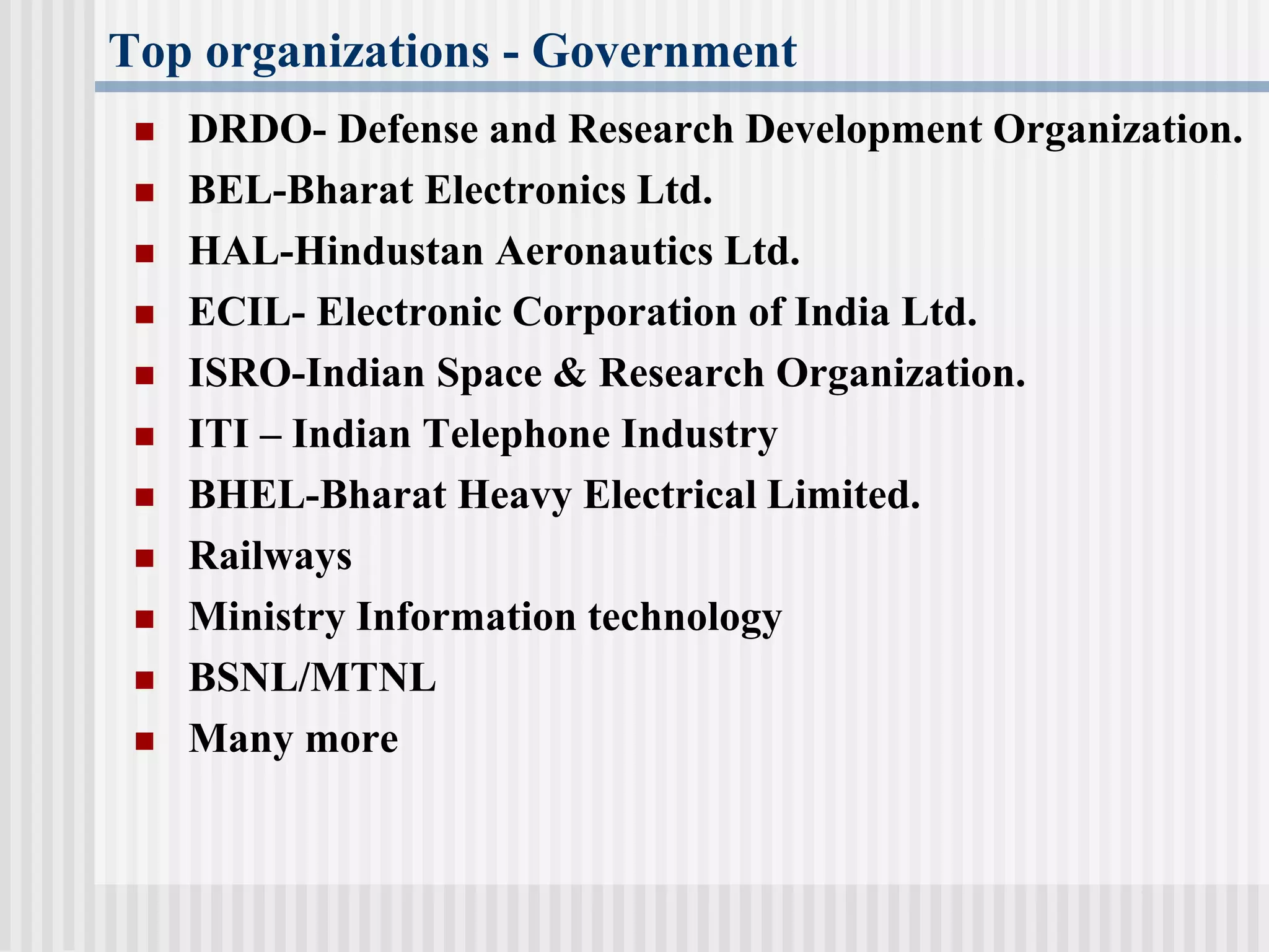 Top organizations - Government
 DRDO- Defense and Research Development Organization.
 BEL-Bharat Electronics Ltd.
 HAL-Hindustan Aeronautics Ltd.
 ECIL- Electronic Corporation of India Ltd.
 ISRO-Indian Space & Research Organization.
 ITI – Indian Telephone Industry
 BHEL-Bharat Heavy Electrical Limited.
 Railways
 Ministry Information technology
 BSNL/MTNL
 Many more
 