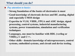 What should you do?
 Pay attention to basics
• Strong foundation of the basics of electronics is must
• Good knowledge of electronic devices and RF, analog, digital
and especially CMOS design
• Expertise in VLSI, VHDL, FPGA and ASIC design, signal
processing, control systems, industrial manufacturing
systems, power transmission, simulation and verification
techniques
• Languages, one must be familiar with HDL (verilog or
VHDL), C and C++.
• Other skills - domain knowledge of microprocessors, control
systems, embedded systems, and circuit and device testing.
 