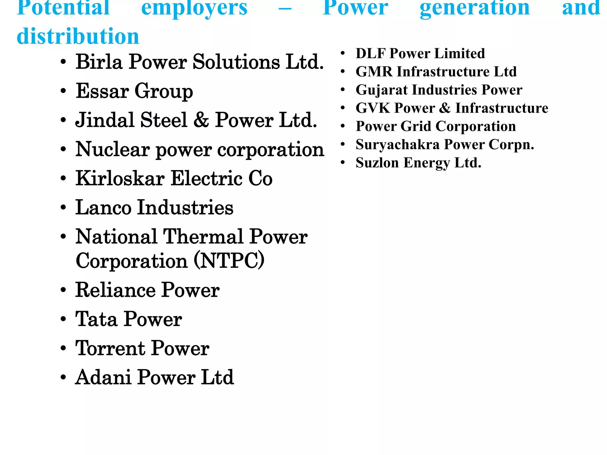Potential employers – Power generation and
distribution
• Birla Power Solutions Ltd.
• Essar Group
• Jindal Steel & Power Ltd.
• Nuclear power corporation
• Kirloskar Electric Co
• Lanco Industries
• National Thermal Power
Corporation (NTPC)
• Reliance Power
• Tata Power
• Torrent Power
• Adani Power Ltd
• DLF Power Limited
• GMR Infrastructure Ltd
• Gujarat Industries Power
• GVK Power & Infrastructure
• Power Grid Corporation
• Suryachakra Power Corpn.
• Suzlon Energy Ltd.
 
