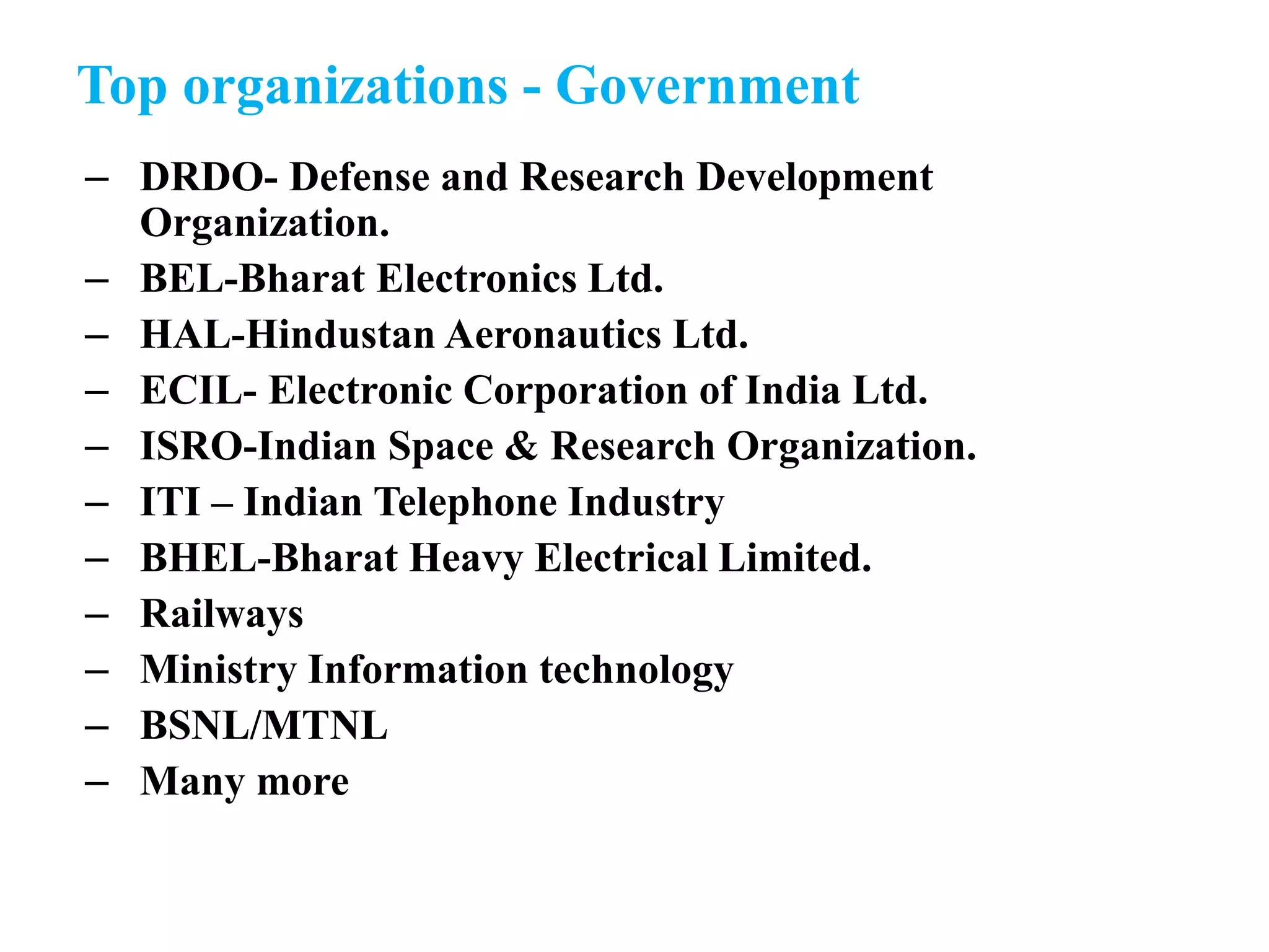Top organizations - Government
– DRDO- Defense and Research Development
Organization.
– BEL-Bharat Electronics Ltd.
– HAL-Hindustan Aeronautics Ltd.
– ECIL- Electronic Corporation of India Ltd.
– ISRO-Indian Space & Research Organization.
– ITI – Indian Telephone Industry
– BHEL-Bharat Heavy Electrical Limited.
– Railways
– Ministry Information technology
– BSNL/MTNL
– Many more
 