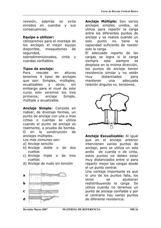 Curso de Rescate Vertical Básico
Revisión Marzo 2007 MATERIAL DE REFERENCIA MR 26
revisión, además se evita
enredos en cuerdas y sus
consecuencias.
Equipo a utilizar:
Utilizaremos para el montaje de
los anclajes el mejor equipo
disponible, mosquetones de
seguridad,
sobredimensionados, cinta y
cuerdas confiables.
Tipos de anclaje:
Para rescate en alturas
tenemos 4 tipos de anclajes
que son: Simples, múltiples,
ecualizables y otros; sin
embargo para el nivel de este
curso solo veremos los tres
primeros; anclaje Simple,
múltiple y ecualizable.
Anclaje Simple: Consiste en
rodear, de diversas formas, un
punto de anclaje con una o mas
cintas o cuerdas se utiliza
cuando el punto de anclaje es
realmente, a prueba de bomba.
O en la construcción de
anclajes múltiples.
Los más comunes son:
a) Anclaje sencillo
b) Anclaje doble o de dos
vueltas
c) Anclaje triple o de tres
vueltas
d) Anclaje de nudo sin tensión
a
b
c
d
Anclaje Múltiple: Son varios
anclajes simples unidos, se
utiliza para repartir la carga
entre los diferentes puntos de
anclaje y se realiza cuando un
solo punto no tiene la
capacidad suficiente de resistir
solo la carga.
El adecuado reparto de las
cargas se logra si la carga
siempre esta siempre se
desplaza en la misma dirección,
los puntos de anclaje tienen
resistencia similar y no están
muy distanciados para
mantener una adecuada
relación ángulos vs. tensiones.
Anclaje Escualizable: Al igual
que en el anclaje anterior
intervienen varios puntos de
anclaje, pero se utiliza un solo
anillo de cuerda o de cinta,
estos puntos no deben estar
muy distanciados entre si para
repartir mejor las cargas desde
el un punto central.
Una ventaja importante es que
si uno de los puntos falla, los
otros se ajustaran
redistribuyendo la carga. Se
utiliza cuando no tenemos un
punto de anclaje confiable y por
el contrario hay varios puntos
de diferente resistencia.
 