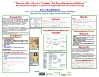 “PharmacoMicrobiomics Database: The Drug-Microbiome Database”An educational web portal to explore the effects of human microbiome on drugsMariam ReyadRizkallahOpen Source Technologies Department, Information Technology Institute, EgyptSupervisors: Eng. Sherine M. Bahader, and Eng. Moataz Ahmed Results Modules: Registration module: Users handling, groups, and authentication/authorization. Database manipulation module: data entry backend provided by Django, and database views and search. Functionalities: Admin Utility: Users handling (Provided by Django) Database manipulation Search by drug class, publication ID, drug name, drug ID…etc. Project  Aim The PharmacoMicrobiomics web portal is an initiative (http://pharmacomicrobiomics.org) launched by Dr. Ramy Aziz, PhD, Lecturer at Department of Microbiology and Immunology, Faculty of Pharmacy, Cairo University as a research-based educational web platform to explore how resident microbes change the behavior of drugs. The project aims to introduce bioinformatics and microbial genomics to pharmacy students while benefiting the research community.[1] The project is expected to build a knowledge base that allows interested students and scholars, in the future, to predict the behavior of untested members of drug classes or unstudied microbial species, and to design laboratory experiments for testing these predictions.[1] [1] PharmacoMicrobiomics or How Bugs Modulate Drugs: An educational initiative to explore the effects of human microbiome on drugs”, Ramy K. Aziz, Rama Saad, Mariam Rizkallah. (Submitted to be published in Biomed Central Bioinformatics. Poster presented by the first author in the UT-ORNL-KBRIN 10th Bioinformatics Summit, March 2011, Tennessee, USA.) Methods Project Phases: Literature mining extraction of known microbe-drug interactions. Data collection and classification according to drug class, microbial family and body site. Creation of a relational database using MySQL Database management system and managed through Django, a secure python-based framework that implements MVC design pattern. PharmacoMicrobiomics examples: http://pharmacomicrobiomics.org/examples.html Drug-Microbiome Relational Database Directions for Future Research ,[object Object]