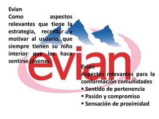 Evian
Como            aspectos
relevantes que tiene la
estrategia, recordar y
motivar al usuario, que
siempre tienen su niño
interior que los hace
sentirse jóvenes.
                           Evian
                           Aspectos relevantes para la
                           conformación comunidades
                            Sentido de pertenencia
                            Pasión y compromiso
                            Sensación de proximidad
 