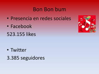 Bon Bon bum
• Presencia en redes sociales
• Facebook
523.155 likes

• Twitter
3.385 seguidores
 