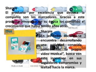Sharpie
El producto por excelencia que destaca la
compañía son los marcadores. Gracias a este
producto innovador en su época los consolido el
crecimiento que había tenido años atrás.
                      Sharpie
                      En las redes sociales se
                      encuentra desarrollando
                      una actividad conocida
                      como: “haz tu propio
                      video musical”, busca con
                      esto incentivar en sus
                      seguidores compromiso y
                      lealtad hacia la marca.
 