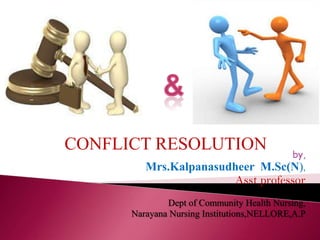 CONFLICT RESOLUTION

by,
M.Sc(N),

Mrs.Kalpanasudheer
Asst professor
Dept of Community Health Nursing,
Narayana Nursing Institutions,NELLORE,A.P

 