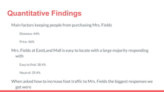 Quantitative Findings
Main factors keeping people from purchasing Mrs. Fields
Distance: 44%
Price: 46%
Mrs. Fields at EastLand Mall is easy to locate with a large majority responding
with
Easy to find: 38.4%
Neutral: 39.4%
When asked how to increase foot traffic to Mrs. Fields the biggest responses we
got were
 