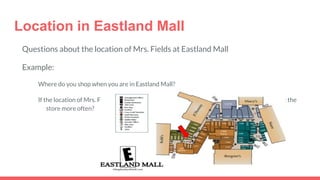 Location in Eastland Mall
Questions about the location of Mrs. Fields at Eastland Mall
Example:
Where do you shop when you are in Eastland Mall?
If the location of Mrs. Fields in Eastland Mall cannot change, what would draw you to go visit the
store more often?
 