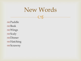 
 Puddle
 Beak
 Wings
 Scaly
 Dinner
 Hatching
 Scrawny
New Words
 