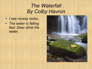 The Waterfall By Colby Havron I see mossy rocks. The water is falling fast. Deer drink the water. 