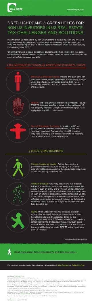 For more information about these issues, please contact John Sullivan or Robert LeDuc.
Read more about these impediments and their solutions »
www.dlapiper.com
Published by DLA Piper LLP (US)
Copyright © 2014 DLA Piper LLP (US) All Rights Reserved.
This bulletin is intended as a general overview and discussion of the subjects dealt with. It is not intended, and should not be used, as a substitute
for taking legal advice in any specific situation. DLA Piper will accept no responsibility for any actions taken or not taken on the basis of this
publication. Pursuant to applicable Rules of Professional Conduct, it may constitute advertising.
Circular 230 Notice: In compliance with US Treasury Regulations, please be advised that any tax advice given herein (or in any attachment) was
not intended or written to be used, and cannot be used, for the purpose of (i) avoiding tax penalties or (ii) promoting, marketing or recommending
to another person any transaction or matter addressed herein.
You are receiving this communication because you are a valued client or friend of DLA Piper.
DLA Piper LLP (US) is part of DLA Piper, a global law firm, operating through various separate and distinct legal entities. Further details of these
entities can be found at www.dlapiper.com. All rights reserved.
To unsubscribe from this mailing list, reply to this message with REMOVE in the subject line.
DLA Piper LLP (US) | MRS0000017105
3 RED LIGHTS AND 3 GREEN LIGHTS FOR
NON-US INVESTORS IN US REAL ESTATE:
TAX CHALLENGES AND SOLUTIONS
3 TAX IMPEDIMENTS TO NON-US INVESTMENT IN US REAL ESTATE
Effectively Connected Income: Income and gain from non-
US investors real estate investments are generally taxable
under the effectively connected income (ECI) rules,
specifically, rental income and/or gains from the sale of
US real estate.
FIRPTA: The Foreign Investment in Real Property Tax Act
(FIRPTA) imposes significant taxes on dispositions of US
real property interests. Complicated withholding tax rules
apply regarding US counterparties.
Non-US Regulatory Concerns: In addition to US tax
issues, non-US investors can have non-US tax and
regulatory concerns. For example, non-US investors
may need to comply with certain informational reporting
requirements in their home jurisdictions.
3 STRUCTURING SOLUTIONS
Foreign Investor as Lender: Rather than owning a
partnership interest in a fund or equity in a US real
property holding corporation, a foreign investor may make
a loan secured by US real estate.
Offshore Blockers: One may acquire US real property
interests in an offshore corporate entity and transfer the
equity in such an entity entirely free of US tax. However,
any well-advised buyer would discount the purchase price
of such an offshore corporation for the embedded US tax.
If this offshore corporation is formed in a tax haven, any
effectively connected income will not only be fully taxable
under US rates, but also be subject to an additional 30%
branch profits tax.
REITs: Often utilized by non-US investors to either
minimize or avoid US federal income taxation, REITs’
benefits include avoiding state tax filings for the
jurisdictions where the REIT owns assets and converting
rental income into dividend payments. However, gains
that a REIT derives from dispositions of US real property
interests will be taxable under FIRPTA in the hands of a
non-US investor.
* According to Real Estate Analytics
Investment in US real estate by non-US investors is increasing. Non-US investors
acquired almost $23 billion in US real estate, representing a 9% increase over
2012 and accounting for 13% of all real estate transactions in the US from January
through August of 2013.*
Given this trend, real estate investment advisors and others involved in real estate
transactions in the US need to understand how to structure these investments in the
most tax-efficient manner possible.
 