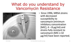 What do you understand by
Vancomycin Resistance
• Since 1996, MRSA strains
with decreased
susceptibility to
vancomycin (minimum
inhibitory concentration
[MIC], 4 – 8 μg/ml) and
strains fully resistant to
vancomycin (MIC ≥ 32
μg/ml) have been reported.
23-10-2016 Dr.T.V.Rao MD @ ClinicalMicrobiology 22
 