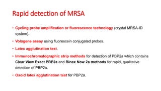 Rapid detection of MRSA
• Cycling probe amplification or fluorescence technology (crystal MRSA-ID
system).
• Vologene assay using fluorescein conjugated probes.
• Latex agglutination test.
• Immunochromatographic strip methods for detection of PBP2a which contains
Clear View Exact PBP2a and Binax Now 2a methods for rapid, qualitative
detection of PBP2a.
• Oxoid latex agglutination test for PBP2a.
 
