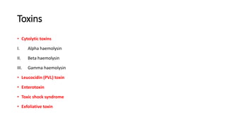 Toxins
• Cytolytic toxins
I. Alpha haemolysin
II. Beta haemolysin
III. Gamma haemolysin
• Leucocidin (PVL) toxin
• Enterotoxin
• Toxic shock syndrome
• Exfoliative toxin
 