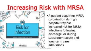 Increasing Risk with MRSA
•A patient acquiring MRSA
colonization during a
hospital stay has
increased risk for MRSA
infections following
discharge, or during
subsequent acute and
long-term care
admissions
18-10-2016 Dr.T.V.Rao MD @ MRSA
 