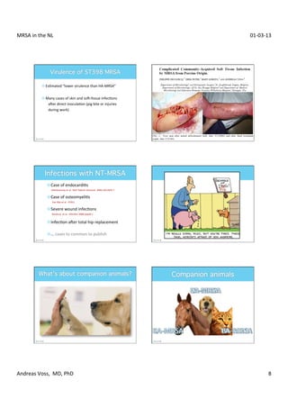 MRSA	
  in	
  the	
  NL	
                                                                                                   01-­‐03-­‐13	
  




                 ¤  EsXmated	
  “lower	
  virulence	
  than	
  HA-­‐MRSA”	
  
                    	
  
                 ¤  Many	
  cases	
  of	
  skin	
  and	
  soc-­‐Xssue	
  infecXons	
  	
  
                    	
  	
  	
  acer	
  direct	
  inoculaXon	
  (pig	
  bite	
  or	
  injuries	
  	
  
                    	
  	
  	
  during	
  work)	
  




                           ¤ Case	
  of	
  endocardiXs	
  
                              	
  Ekkelenkamp	
  et	
  al.	
  	
  Ned	
  Tijdschr	
  Geneesk	
  	
  2006;150:2442-­‐7	
  
                           ¤ Case	
  of	
  osteomyeliXs	
  
                              	
   Van	
  Rijn	
  et	
  al.	
  	
  P1951	
  
                           ¤ Severe	
  wound	
  infecXons	
  
                                 	
  Declercq	
  	
  et	
  al.	
  	
  Infec_on	
  2008	
  (epubl.)	
  


                           ¤ InfecXon	
  acer	
  total	
  hip	
  replacement	
  
                                	
  
                           ¤ …	
  cases	
  to	
  common	
  to	
  publish	
  




Andreas	
  Voss,	
  	
  MD,	
  PhD	
                                                                                                    8	
  
 