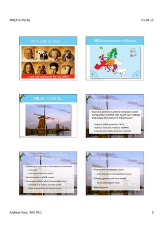 MRSA	
  in	
  the	
  NL	
                                                                                                                                                  01-­‐03-­‐13	
  




                                                                                                        MRSA bacteremia in Europe!




                                                                                                      Source: EARSS report




                                                                                                   ¤ Search	
  	
  Destroy	
  (Control)	
  strategy	
  to	
  avoid	
  
                                                                                                      introducXon	
  of	
  MRSA	
  into	
  health-­‐care	
  setngs	
  
                                                                                                      and	
  reduce	
  the	
  chance	
  of	
  transmission:	
  
                                                                                                      	
  
                                                                                                       ² NaXonal	
  MRSA	
  guidelines	
  (WIP)	
  
                                                                                                       ² NaXonal	
  detecXon	
  methods	
  (NVMM)	
  
                                                                                                       ² Use	
  fast	
  and	
  reliable	
  detecXon	
  methods	
  




                 ¤  IsolaXon	
  and	
  screening	
  of	
  risk-­‐paXents	
  on	
  admission	
  
                     ² at	
  all	
  Xmes	
  	
                                                       ¤ Placement	
  in	
  isolaXon	
  room	
  
                     ² colonized	
  and	
  infected	
  paXents	
                                         ² with	
  anteroom	
  and	
  negaXve	
  pressure	
  
                 ¤  DecolonizaXon	
  of	
  MRSA	
  carriers	
  
                                                                                                      ¤ Gloves,	
  gowns	
  and	
  face-­‐masks	
  	
  
                 ¤  Consequent	
  acXons	
  when	
  transmissions	
  occur	
  
                                                                                                          ² for	
  all	
  entering	
  the	
  room	
  
                     ² screening	
  of	
  all	
  paXents	
  and	
  HCWs	
  at	
  risk	
  
                     ² MRSA-­‐posiXve	
  HCWs	
  not	
  allowed	
  to	
  work	
  	
                  ¤ Handhygiene	
  
                        	
  




Andreas	
  Voss,	
  	
  MD,	
  PhD	
                                                                                                                                                   9	
  
 
