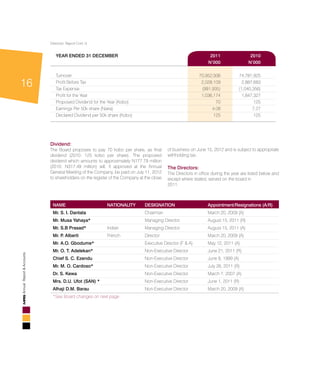 16
AnnualReport&Accounts
YEAR ENDED 31 DECEMBER	 2011	 2010
	N’000	N’000
Turnover 	 70,952,936 	 74,781,925
Profit Before Tax 	 2,028,109 	 2,887,683
Tax Expense 	 (991,935) 	 (1,040,356)
Profit for the Year 	 1,036,174 	 1,847,327
Proposed Dividend for the Year (Kobo)	 70 	 125
Earnings Per 50k share (Naira)	 4.08 	 7.27
Declared Dividend per 50k share (Kobo)	 125 	 125
Dividend:
The Board proposes to pay 70 kobo per share, as final
dividend (2010: 125 kobo per share). The proposed
dividend which amounts to approximately N177.79 million
(2010: N317.49 million) will, if approved at the Annual
General Meeting of the Company, be paid on July 11, 2012
to shareholders on the register of the Company at the close
of business on June 15, 2012 and is subject to appropriate
withholding tax.
The Directors:
The Directors in office during the year are listed below and
except where stated, served on the board in
2011:
NAME	NATIONALITY	DESIGNATION	 Appointment/Resignations (A/R)
Mr. S. I. Dantata 		 Chairman 	 March 20, 2009 (A)
Mr. Musa Yahaya* 		 Managing Director 	 August 15, 2011 (R)
Mr. S.B Prasad* 	 Indian 	 Managing Director 	 August 15, 2011 (A)
Mr. P. Alberti 	 French 	 Director 	 March 20, 2009 (A)
Mr. A.O. Gbodume* 		 Executive Director (F & A) 	 May 12, 2011 (A)
Mr. O. T. Adelekan* 		 Non-Executive Director 	 June 21, 2011 (R)
Chief S. C. Ezendu 		 Non-Executive Director 	 June 8, 1999 (A)
Mr. M. O. Cardoso* 		 Non-Executive Director 	 July 26, 2011 (R)
Dr. S. Kewa 		 Non-Executive Director 	 March 7, 2007 (A)
Mrs. D.U. Ufot (SAN) * 		 Non-Executive Director 	 June 1, 2011 (R)
Alhaji D.M. Barau 		 Non-Executive Director 	 March 20, 2009 (A)
*See Board changes on next page
Directors’ Report Cont.’d
 