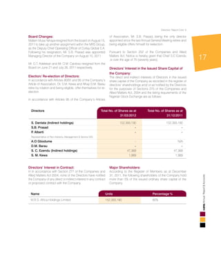 17
AnnualReport&Accounts
Board Changes:
Mallam Musa Yahaya resigned from the board on August 15,
2011 to take up another assignment within the MRS Group,
as the Deputy Chief Operating Officer of Corlay Global S.A.
Following his resignation, Mr. S.B. Prasad was appointed
Managing Director of the Company on August 15, 2011.
Mr. O.T. Adelekan and Mr. O.M. Cardoso resigned from the
Board on June 21 and July 26, 2011 respectively.
Election/ Re-election of Directors:
In accordance with Articles 90/91 and 95 of the Company’s
Article of Association, Dr. S.M. Kewa and Alhaji D.M. Barau
retire by rotation and being eligible, offer themselves for re-
election.
In accordance with Articles 95 of the Company’s Articles
of Association, Mr. S.B. Prasad, being the only director
appointed since the last Annual General Meeting retires and
being eligible offers himself for reelection.
Pursuant to Section 252 of the Companies and Allied
Matters Act, Notice is hereby given that Chief S.C Ezendu
,is over the age of 70 (seventy years).
Directors’ Interest in the Issued Share Capital of
the Company:
The direct and indirect interests of Directors in the issued
share capital of the Company as recorded in the register of
directors’ shareholdings and/ or as notified by the Directors
for the purposes of Sections 275 of the Companies and
Allied Matters Act, 2004 and the listing requirements of the
Nigerian Stock Exchange are as follows:
Directors	 Total No. of Shares as at	 Total No. of Shares as at 	
	 31/03/2012	 31/12/2011
S. Dantata (Indirect holdings) 	 152,393,190 	 152,393,190
S.B. Prasad 	 -	 -
P. Alberti	 -	 -
Representative of Pact Advisory, Management & Service SAS
A.O Gbodume 	 -	 N/A
D.M. Barau 	 -	 -
S. C. Ezendu (Indirect holdings) 	 47,368 	 47,368
S. M. Kewa 	 1,989 	 1,989
Directors’ Interest in Contract:
In In accordance with Section 277 of the Companies and
Allied Matters Act 2004, none of the Directors have notified
the Company of any direct or indirect interest in any contract
or proposed contract with the Company.
Major Shareholders:
According to the Register of Members as at December
31, 2011, the following shareholders of the Company hold
more than 5% of the issued ordinary share capital of the
Company.
NameName 	Units	 Percentage %
M.R.S. Africa Holdings Limited 	 152,393,190 	 60%
Directors’ Report Cont.’d
 