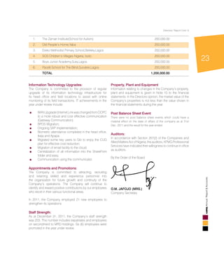 23
AnnualReport&Accounts
1. 	 The Zamarr Institute(School for Autism) 	 200,000.00
2. 	 Old People’s Home,Yaba 	 200,000.00
3. 	 Ereko Methodist Primary School,Berkley,Lagos 	 200,000.00
4. 	 SOS Children’s Villages Nigeria, Isolo 	 200,000.00
5. 	 Boys Junior Academy,Sura,Lagos 	 200,000.00
6. 	 Pacelli School for The Blind,Surulere,Lagos 	 200,000.00
	 TOTAL 	 1,200,000.00
Information Technology Upgrades:
The Company is committed to the provision of regular
upgrade of its information technology infrastructure for
its head office and field locations to assist with online
monitoring of its field transactions. IT achievements in the
year under review include:
	 WANUpgrade(InternetLinkwaschangedfromDOPC
to a more robust and cost effective communication
(Gateway Communication);
	 BPOS Migration;
	 Ongoing SAP implementation;
	 Biometric attendance completed in the head office,
Ikeja and Apapa;
	 Migrated some key users to Glo to enjoy the CUG
plan for effective cost reduction;
	 Migration of email facility to the cloud;
	 Centralization of all information into the SharePoint
folder and easy;
	 Communication using the communicator.
Appointments and Promotions:
The Company is committed to attracting, recruiting
and retaining skilled and experience personnel into
the organization for future growth and continuity of the
Company’s operations. The Company will continue to
identify and reward positive contributions by our employees
who excel in their various functional areas.
In 2011, the Company employed 21 new employees to
strengthen its operations.
Staff Strength:
As at December 31, 2011, the Company’s staff strength
was 203. This number includes expatriates and employees
on secondment to MRS Holdings. Six (6) employees were
promoted in the year under review.
Property, Plant and Equipment
Information relating to changes in the Company’s property,
plant and equipment is given in Note 10 to the financial
statements. In the Directors opinion, the market value of the
Company’s properties is not less than the value shown in
the financial statements during the year.
Post Balance Sheet Event
There were no post balance sheet events which could have a
material effect on the state of affiars of the company as at 31st
Dec. 2011 and the result for the year ended.
Auditors:
In accordance with Section 357(2) of the Companies and
Allied Matters Act of Nigeria, the auditors, KPMG Professional
Services have indicated their willingness to continue in office
as auditors.
By the Order of the Board
O.M. JAFOJO (MRS.)
Company Secretary
Directors’ Report Cont.’d
 