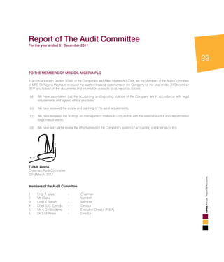 29
AnnualReport&Accounts
Report of The Audit Committee
For the year ended 31 December 2011
TO THE MEMBERS OF MRS OIL NIGERIA PLC
In accordance with Section 359(6) of the Companies and Allied Matters Act 2004, we the Members of the Audit Committee
of MRS Oil Nigeria Plc, have reviewed the audited financial statements of the Company for the year ended 31 December
2011 and based on the documents and information available to us, report as follows:
(a)	 We have ascertained that the accounting and reporting policies of the Company are in accordance with legal
requirements and agreed ethical practices;
(b)	 We have reviewed the scope and planning of the audit requirements;
(c)	 We have reviewed the findings on management matters in conjunction with the external auditor and departmental
responses thereon;
(d)	 We have kept under review the effectiveness of the Company’s system of accounting and internal control.
TUNJI IJAIYA
Chairman, Audit Committee
22nd March, 2012
Members of the Audit Committee
1.	 Engr. T. Ijaiya	 -	 Chairman
2.	 Mr. I.Saliu	 -	 Member
3.	 Chief V. Barrah	 -	 Member
4.	 Chief S. C. Ezendu	 -	 Director
5.	 Mr. A.O. Gbodume	 -	 Executive Director (F & A)
6.	 Dr. S.M. Kewa	 -	 Director
 