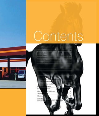 ContentsNotice of Annual General Meeting	 6
Results at a Glance	 8
Board of Directors and Corporate Information	 9
Chairman’s Statement	 12
Directors’ Report	 15
Board of Directors	 24
Statement of Directors’ Responsibilities	 28
Report of the Audit Committee	 29
Financial Statements:	
Independent Auditor’s Report	 32
Statement of Accounting Policies	 34
Profit and Loss Account	 39
Balance Sheet	 40
Statement of Cash Flows 	 42
Notes to the Financial Statements	 43
Value Added Statement	 62
Five Year Financial Summary	 63
Shareholder Information	 64
Share Price Movement	 65
List of Distributions - Lubricants	 66
Corporate Directory	 67
E-Dividend Form	 69
Proxy Card	 71
Certification Pursuant to Section 60 (2) of ISA	 73
 