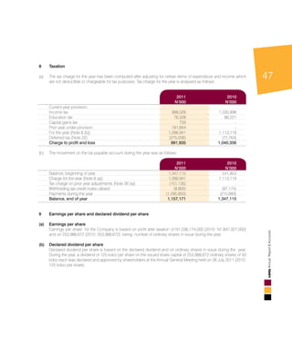 47
AnnualReport&Accounts
8	 Taxation	 				
				
(a)	 The tax charge for the year has been computed after adjusting for certain items of expenditure and income which
are not deductible or chargeable for tax purposes. Tax charge for the year is analysed as follows:			
				
	
		 2011	 2010	
		 N’000	N’000
	 Current year provision:				
Income tax	 998,026 	 1,026,898 	
	 Education tax	 76,328 	 86,221 	
	 Capital gains tax	 733 	 - 	
	 Prior year under provision	 191,854 	 - 	
	 For the year (Note 8 (b))	 1,266,941 	 1,113,119 	
	 Deferred tax (Note 22)	 (275,006)	 (72,763)	
	 Charge to profit and loss	 991,935 	 1,040,356 	
				
(b)	 The movement on the tax payable account during the year was as follows:				
				
2011	 2011	 2010
		N’000	N’000
	 Balance, beginning of year	 1,347,115 	 541,853 	
	 Charge for the year (Note 8 (a))	 1,266,941 	 1,113,119 	
	 Tax charge on prior year adjustments (Note 26 (a))	 (151,135)	 - 	
	 Withholding tax credit notes utilised	 (9,900)	 (97,174)	
	 Payments during the year 	 (1,295,850)	 (210,683)	
	 Balance, end of year	 1,157,171 	 1,347,115 	
														
				
9	Earnings per share and declared dividend per share							
											
(a)	Earnings per share	 										
Earnings per share for the Company is based on profit after taxation of N1,036,174,000 (2010: N1,847,327,000)
and on 253,988,672 (2010: 253,988,672) being number of ordinary shares in issue during the year. 		
											
(b)	Declared dividend per share										
Declared dividend per share is based on the declared dividend and on ordinary shares in issue during the year.
During the year, a dividend of 125 kobo per share on the issued share capital of 253,988,672 ordinary shares of 50
kobo each was declared and approved by shareholders at the Annual General Meeting held on 26 July 2011 (2010:
125 kobo per share).											
					
														
				
 