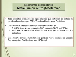 Mecanismos de Resistência
Meticilina ou outro β-lactâmico
• Todo antibiótico β-lactâmico se liga a enzimas que participam da síntese da
parede celular chamadas PBPs (Proteínas Ligadoras de Penicilina).
• Gene mecA  síntese da penicilin-bindin protein PBP 2a.
• O MRSA desenvolveu uma outra PBP, chamada PBP2' ou PBP2a.
• Esta PBP é plenamente funcional mas não tem afinidade por β -
lactâmicos.
• Gene mecA é carreado num elemento genético móvel chamado de Cassete
Cromossômico Estafilocócico mec (SCCmec).
12
 