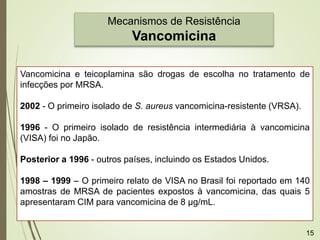 Mecanismos de Resistência
Vancomicina
Vancomicina e teicoplamina são drogas de escolha no tratamento de
infecções por MRSA.
2002 - O primeiro isolado de S. aureus vancomicina-resistente (VRSA).
1996 - O primeiro isolado de resistência intermediária à vancomicina
(VISA) foi no Japão.
Posterior a 1996 - outros países, incluindo os Estados Unidos.
1998 – 1999 – O primeiro relato de VISA no Brasil foi reportado em 140
amostras de MRSA de pacientes expostos à vancomicina, das quais 5
apresentaram CIM para vancomicina de 8 μg/mL.
15
 