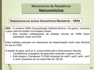 Mecanismos de Resistência
Vancomicina
Staphylococcus aureus Vancomicina-Resistente – VRSA
2002 - O primeiro VRSA (Concentração Inibitória Mínima >16 μg/mL), contendo
o gene vanA foi isolado nos Estados Unidos.
• Seis eventos subsequentes de isolados clínicos de VRSA foram
reportados, todos nos EUA.
Estes isolados possuem um mecanismo de disseminação muito mais eficiente
do que os VISA.
O doador do gene vanA ao S. aureus tenha sido o Enterococcus faecalis.
• Transferência conjugativa de plasmídeo contendo o operon vanA.
• Este integra o Transposon Tn1546 composto de vanR, vanS, vanX, vanY
e vanH, presentes em um plasmídeo de 120 Kb.
19
 