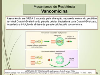 Mecanismos de Resistência
Vancomicina
ALTERAÇÃO DA TERMINAÇÃO D-ala-D-ala para D-ala-D-lac em VRSA
FONTE: LOWY, F. D., Antimicrobial Resistance: The Example of Staphylococcus aureus. J Clin Invest, 2003, 111: 1265 – 1273.
A resistência em VRSA é causada pela alteração na parede celular do peptídeo
terminal D-alanil-D-alanina da parede celular bacteriana para D-alanil-D-lactato,
impedindo a inibição da síntese de parede celular pela vancomicina.
20
 