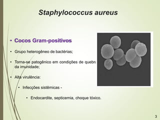 • Cocos Gram-positivos
• Grupo heterogêneo de bactérias;
• Torna-se patogênico em condições de quebra de barreira ou diminuição
da imunidade;
• Alta virulência:
• Infecções sistêmicas -
• Endocardite, septicemia, choque tóxico.
Staphylococcus aureus
3
 