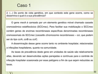 O gene mecA é carreado por um elemento genético móvel chamado cassete
cromossômico estafilocócico (SCCmec). Para facilitar sua mobilização o SCCmec
contém genes de enzimas recombinases específicas denominadas recombinases
cromossomais do SCCmec (cassette chromosome recombinases – ccr, que podem
ser do tipo ccrA, ccrB ou ccrC.
A disseminação desse gene ocorre tanto no ambiente hospitalar, relacionadas
a infecções hospitalares, quanto na comunidade.
As taxas de prevalência deste gene em unidades de saúde são relativamente
altas, devendo ser desenvolvidas ações panejadas e contínuas para o controle de
infecção hospitalar ocasionada por esse patógeno a fim de que sejam reduzidas as
taxas.
2. (...) Do ponto de vista genético, em que contexto este gene ocorre, como se
dissemina e qual é a sua prevalência?
Caso 1
30
 