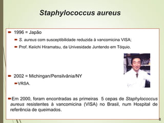 Staphylococcus aureus
 1996 = Japão
 S. aureus com susceptibilidade reduzida à vancomicina VISA;
 Prof. Keiichi Hiramatsu, da Univesidade Juntendo em Tóquio.
 2002 = Michingan/Pensilvânia/NY
VRSA.
Em 2000, foram encontradas as primeiras 5 cepas de Staphylococcus
aureus resistentes à vancomicina (VISA) no Brasil, num Hospital de
referência de queimados.
8
 