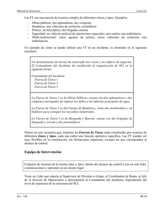 Material de Referencia 	 Curso SCI
Las FT son una mezcla de recursos simples de diferentes clases y tipos. Ejemplos:
–	 Obras públicas: dos aplanadoras, dos volquetas
–	 Bomberos: dos vehículos de extinción, un buldózer
–	 Policía: un helicóptero, dos brigadas caninas
–	 Seguridad: un vehículo policial de operaciones especiales, una canina, una ambulancia
–	 Multi-institucional: cinco agentes de policía, cinco vehículos de extinción, tres
ambulancias
Un ejemplo de cómo se puede utilizar una FT en un incidente, es mostrado en el siguiente
escenario.
Un deslizamiento de tierras ha enterrado tres casas y un edificio de negocios.
El Comandante del Incidente ha establecido la organización de SCI en la
siguiente forma:
Comandante del Incidente
Fuerza de Tarea 1
Fuerza de Tarea 2
Fuerza de Tarea 3
La Fuerza de Tarea 1 es de Obras Públicas, cuenta con dos aplanadoras y dos
volquetas encargadas de reparar los daños a las tuberías principales de agua.
La Fuerza de Tarea 2 es del Cuerpo de Bomberos, tiene dos motobombas y un
buldózer para extinguir los incendios industriales.
La Fuerza de Tarea 3 es de Búsqueda y Rescate, cuenta con dos brigadas de
búsqueda y rescate y dos paramédicos.
Nótese en este escenario que, mientras las Fuerzas de Tarea están constituidas por recursos de
diferentes clases y tipos, cada una cubre una función operativa específica. Las FT pueden ser
muy flexibles en su constitución, sin limitaciones impuestas, excepto las que corresponden al
alcance de control.
Equipo de Intervención
Conjunto de recursos de la misma clase y tipo ( dentro del alcance de control ) con un solo líder,
comunicaciones y operando en un mismo lugar.
Tiene un Líder que reporta al Supervisor de División o Grupo, el Coordinador de Rama, al Jefe
de la Sección de Operaciones o directamente al Comandante del Incidente, dependiendo del
nivel de expansión de la estructura del SCI.
Rev. 1-08 	 MR 40
 